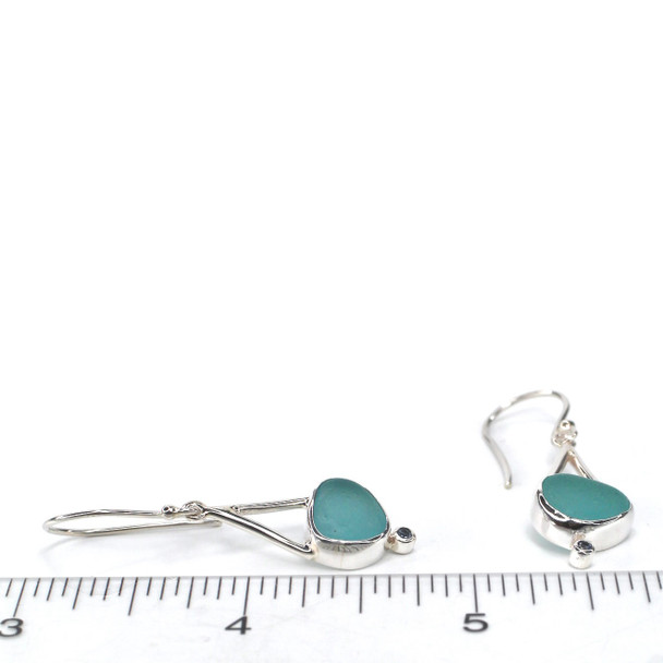 Aqua Sea Glass and Aquamarine Lunar Drop Earrings on ruler for size reference. 