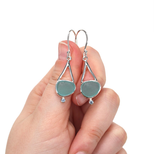 Aqua Sea Glass and Aquamarine Lunar Drop Earrings on model for color reference. 