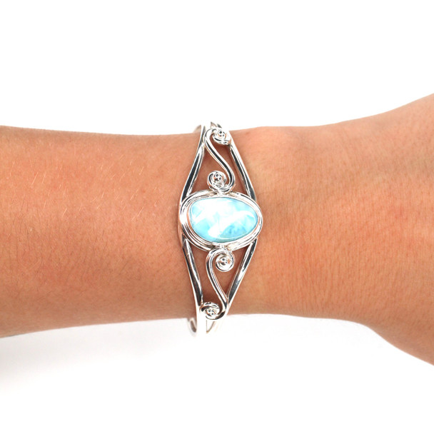 Larimar Ocean Swirl Cuff Bracelet on model for color reference. 