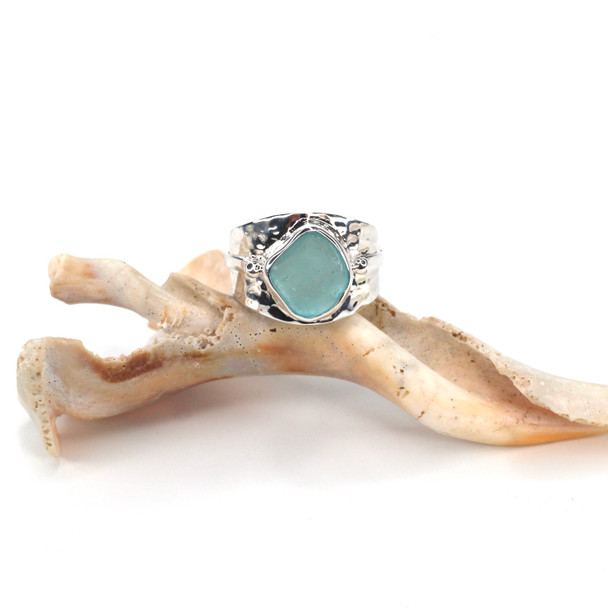 Aqua Ice Sea Glass Ocean Goddess Embrace Ring - Size 9