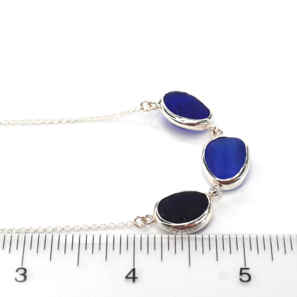 Cobalt Ombre Sea Glass 3 Stone Reversible Necklace on 16"-18" chain on ruler for size reference. 