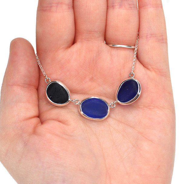 Cobalt Ombre Sea Glass 3 Stone Reversible Necklace on 16"-18" chain on model for color reference. 