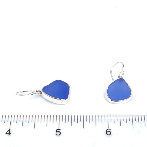 Cornflower Bright Sea Glass Single Bezel Earring on ruler for size reference. 