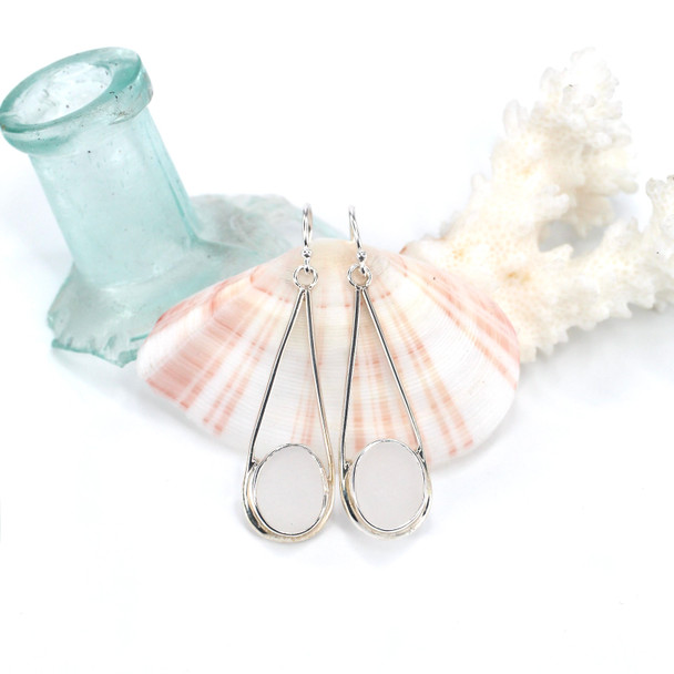 White Round Sea Glass Lunar Drop Earrings