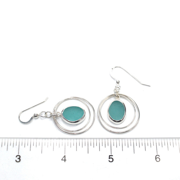 Sea Glass Karma Bezel Wrap Earrings on ruler for size reference