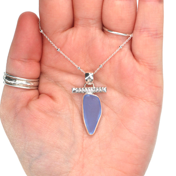 Cornflower Sea Glass Toggle Bar Necklace on model for color reference. 