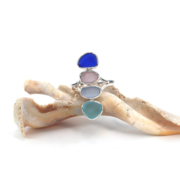 Turquoise and Lavender Blues Sea Glass 4 Stone Rainbow Ring - Size 9