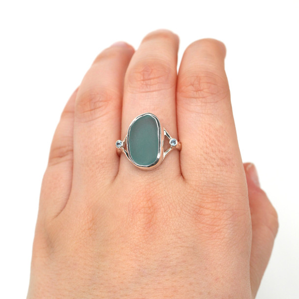Aqua Oval and Aquamarine Sea Glass Split Band Ring - Size 9 on model for color reference. 