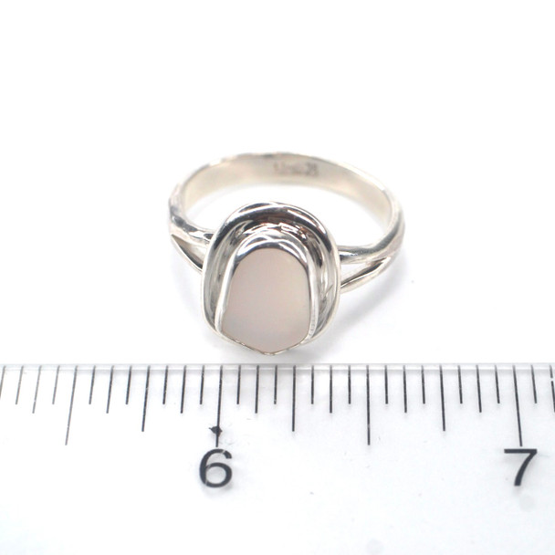 White Opalescent Milk Glass Sea Glass Double Bezel Split Band Ring - Size 9 on ruler for size reference. 