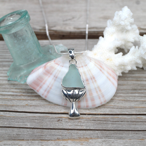 Seafoam Triangle Sea Glass Mushroom Necklace