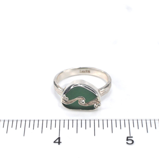 Olive Sea Glass Wave Ring on ruler for size reference. 