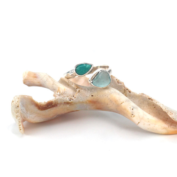 Aqua Ice Sea Glass and Turquoise Water Droplet Duo Ring - Size 9