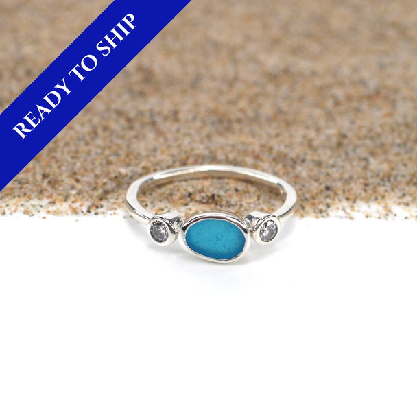 Turquoise Sea Glass and Diamond Sterling Silver Nova Ring