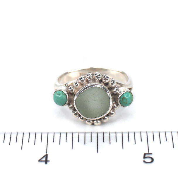 Seafoam Sea Glass and Turquoise Bold Beaded Ring - Size 9 on ruler for size reference. 