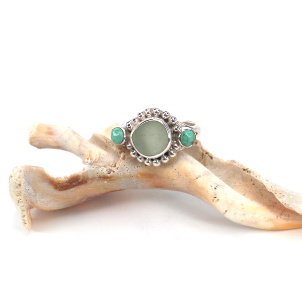 Seafoam Sea Glass and Turquoise Bold Beaded Ring - Size 9