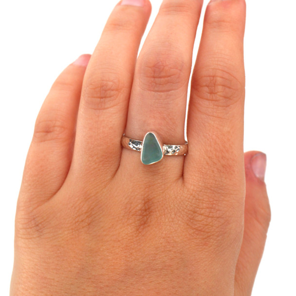 Aqua Triangle Sea Glass Stack Ring - Size 10