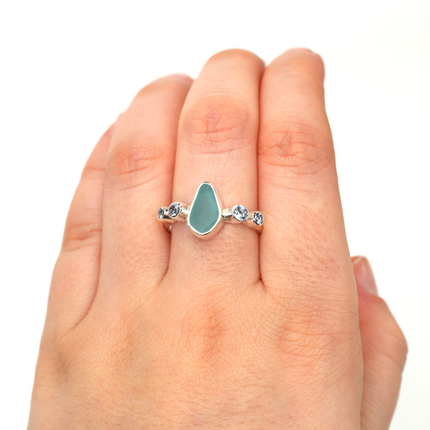 Aqua Bright Sea Glass and Aquamarine 5 Stone Ring - Size 9 on model for color reference. 