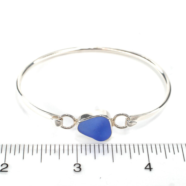 Cornflower Triangle Sea Glass Hinge Bangle Bracelet on ruler for size reference. 