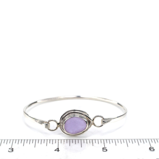 Purple Lilac Sea Glass Nest Hinge Bangle Bracelet on ruler for size reference.