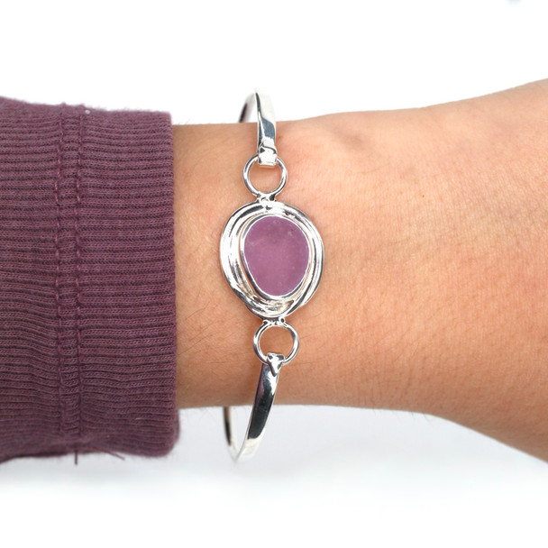 Purple Lilac Sea Glass Nest Hinge Bangle Bracelet on model for color reference.