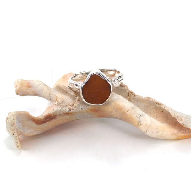 Amber Teardrop Sea Glass Little Leaf Ring - Size 9