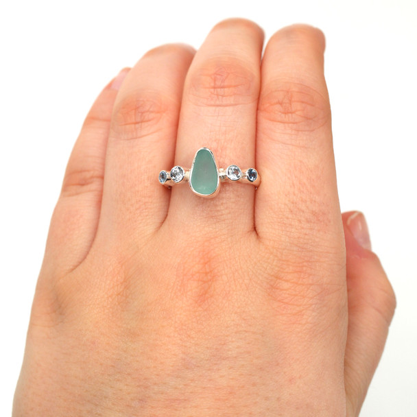 Aqua Azure Sea Glass and Aquamarine 5 Stone Ring - Size 9 on model for color reference. 