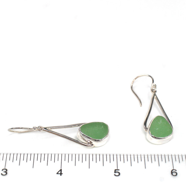 Seafoam Bright Sea Glass Lunar Drop Earrings on ruler for size reference. 