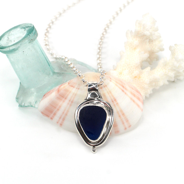 Cobalt Midnight Sea Glass Bottle Stopper Slide Necklace