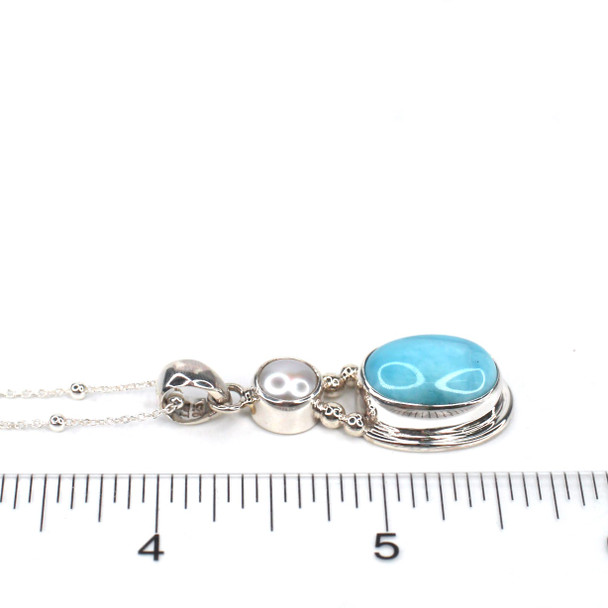 Larimar and Freshwater Pearl Oval Beaded Necklace on ruler for size reference. 

