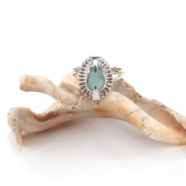 Aqua Sea Glass Rising Sun Ring - Size 9