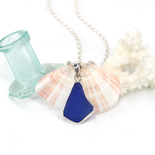 Cobalt Blue Diamond Drop Sea Glass Bezel Necklace