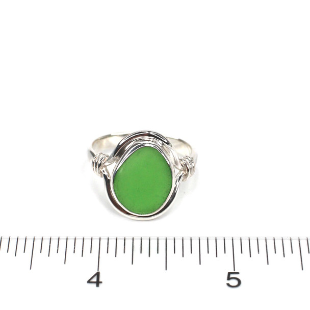 Green Rounded Sea Glass Nautical Twist Ring - Size 10 on ruler for size reference. 