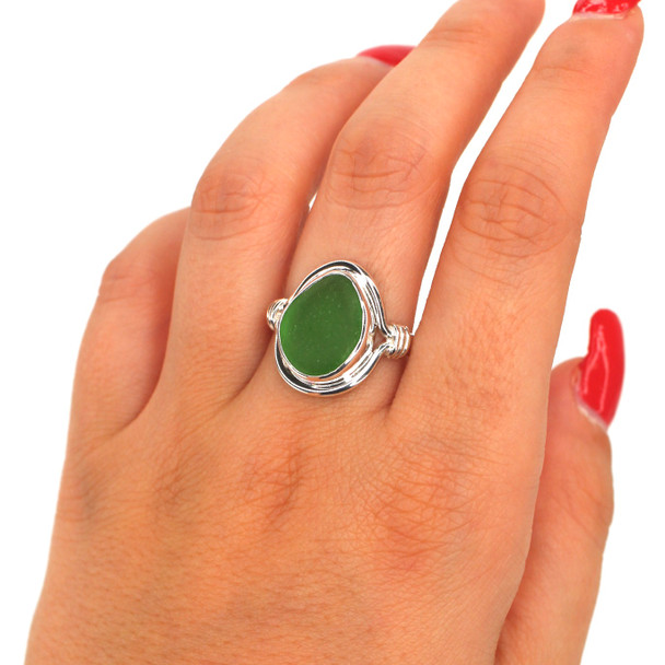Green Rounded Sea Glass Nautical Twist Ring - Size 10 on model for color reference. 