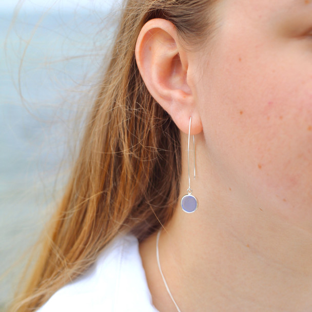 Long Drop Sea Glass Bezel Wrap Earrings worn by model for color reference