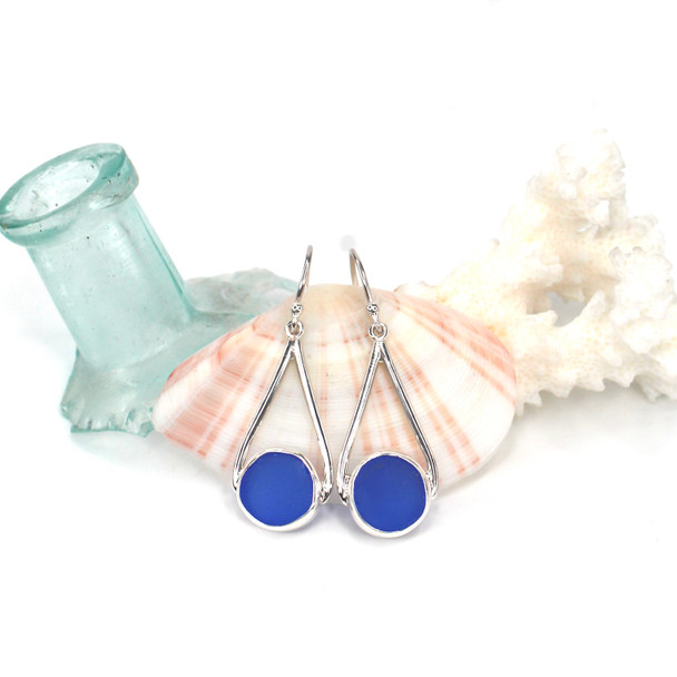 Cobalt Circle Sea Glass Lunar Drop Earrings
