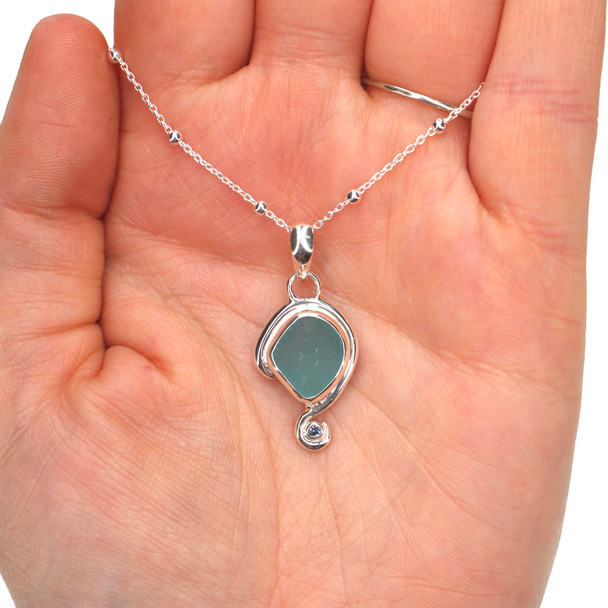 Aqua Sea Glass and Aquamarine Twist Necklace on model for color reference. 