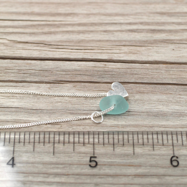 Insta Sale Aqua Sea Glass Heart Necklace on 16"-18" chain - MM on ruler for size reference. 