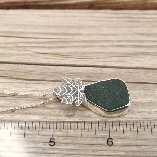 Insta Sale Olive Sea Glass Maple Leaf Necklace - MM on ruler for size reference. 