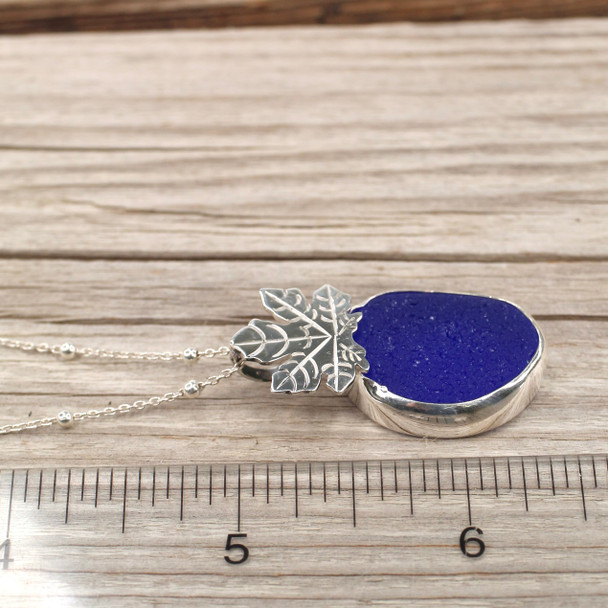 Insta Sale Cobalt Sea Glass Maple Leaf Necklace - MM on ruler for size reference. 