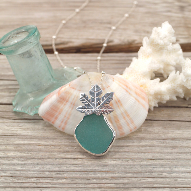 Insta Sale Aqua Sea Glass Maple Leaf Necklace - MM