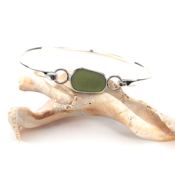 Olive Oval Sea Glass Hinge Bangle Bracelet