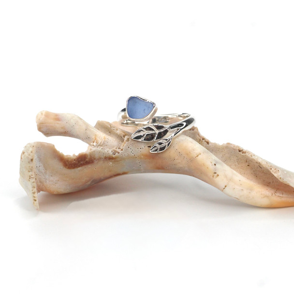 Cornflower Triangle Little Leaf Sea Glass Ring - Size 9