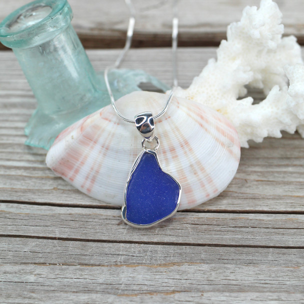 Cobalt Sea Glass Whale Tale Bezel Necklace
