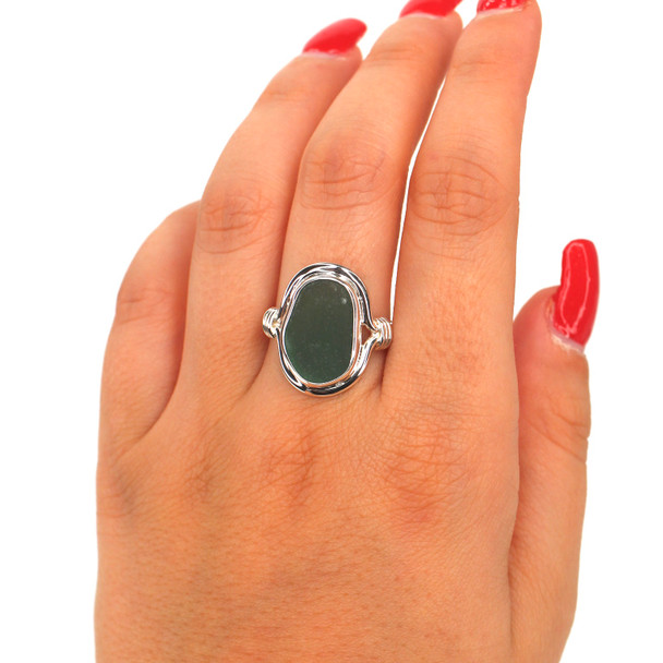 Olive Oval Sea Glass Nautical Twist Ring - Size 8 on model for color reference. 