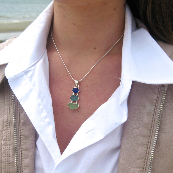 Three Tier Bezel Set Sea Glass Necklace on model for color reference