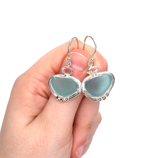 Aqua Sea Glass and Herkimer Diamond Double Earrings on model for color reference.