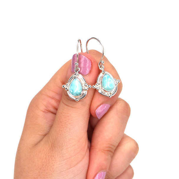 Larimar Caribbean Calm Trinity Beaded Earrings on model for color reference. 