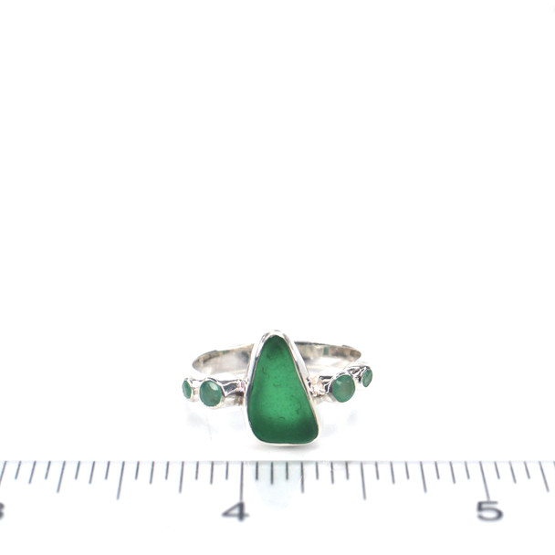 Green Tropical Triangle Sea Glass and Emerald 5 Stone Ring - Size 9 on ruler for size reference.