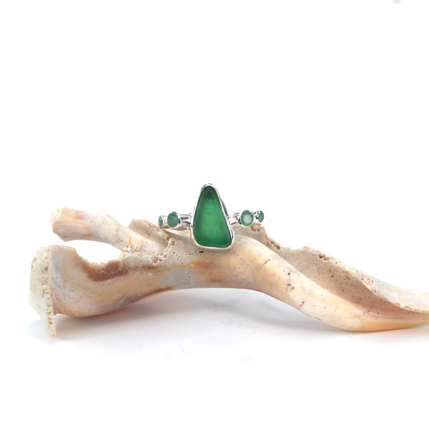 Green Tropical Triangle Sea Glass and Emerald 5 Stone Ring - Size 9