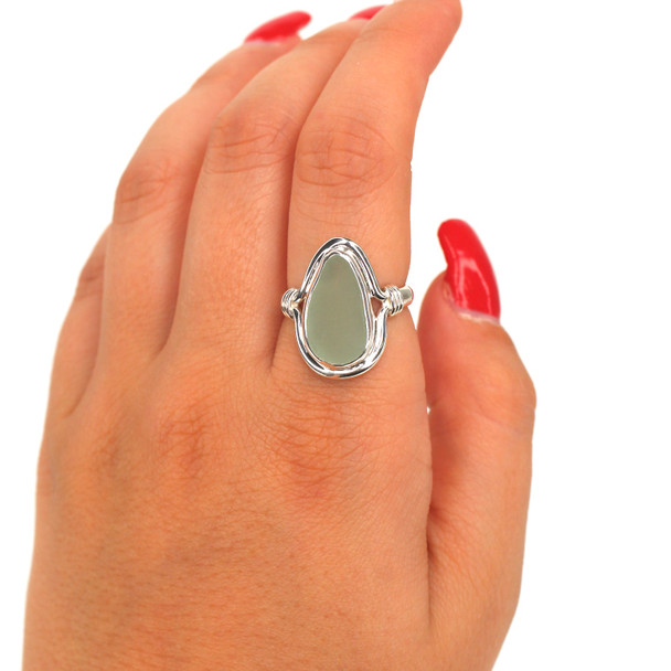 Seafoam Elongated Sea Glass Nautical Twist Ring - Size 6 on model for color reference. 
